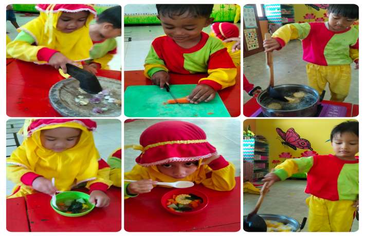 Menumbuk bumbu hingga makan sayur bening bersama, antusiasme anak - anak memasak sayur